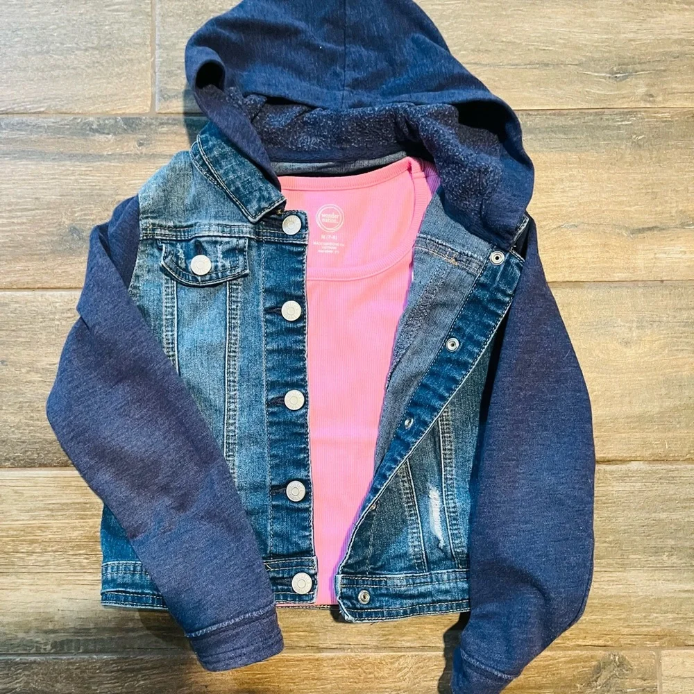 6 Pcs Bundle Justice Denim Hoodie Jacket and 5 Colorful Tank Tops Girls Size 8
